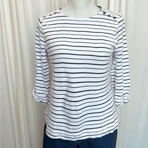 White and Navy Striped Sweater with Shoulder Buttons - Small